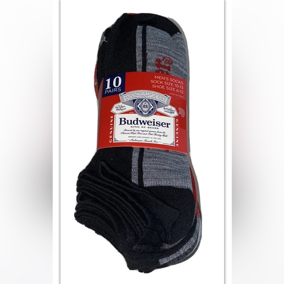 Budweiser Beer No Show Socks 10 Pair Men’s 6-12 Black Gray Red w Logos Light Bud - Picture 3 of 12